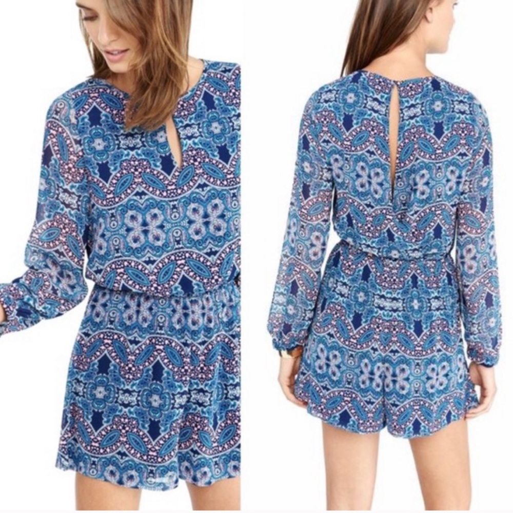 Express Blue Paisley Print Keyhole Long Sleeve Romper/Jumpsuit